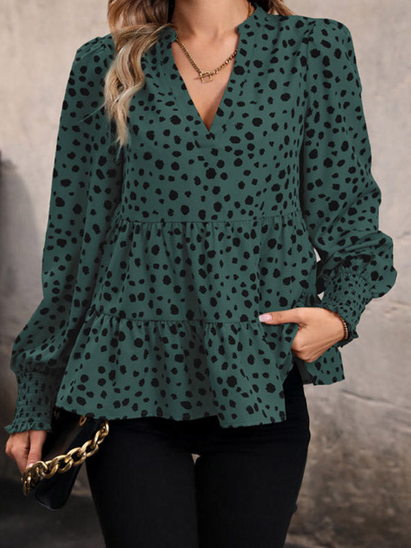 Long Sleeves Loose Elasticity Polka-dot Split-joint V-neck Blouses&shirts Tops