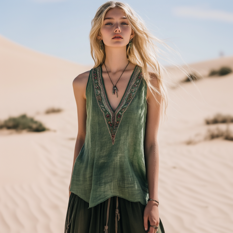 Women's Bohemia Ethnic Style Linen V-neek Sleeveless Top elevenforest