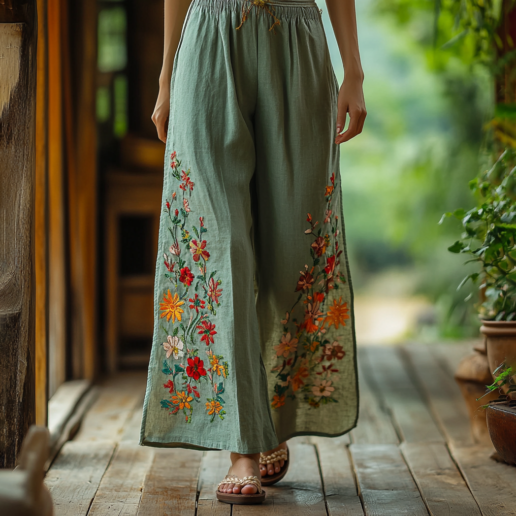 Retro Boho Floral Embroidery Art Linen Wide Leg Pants elevenforest