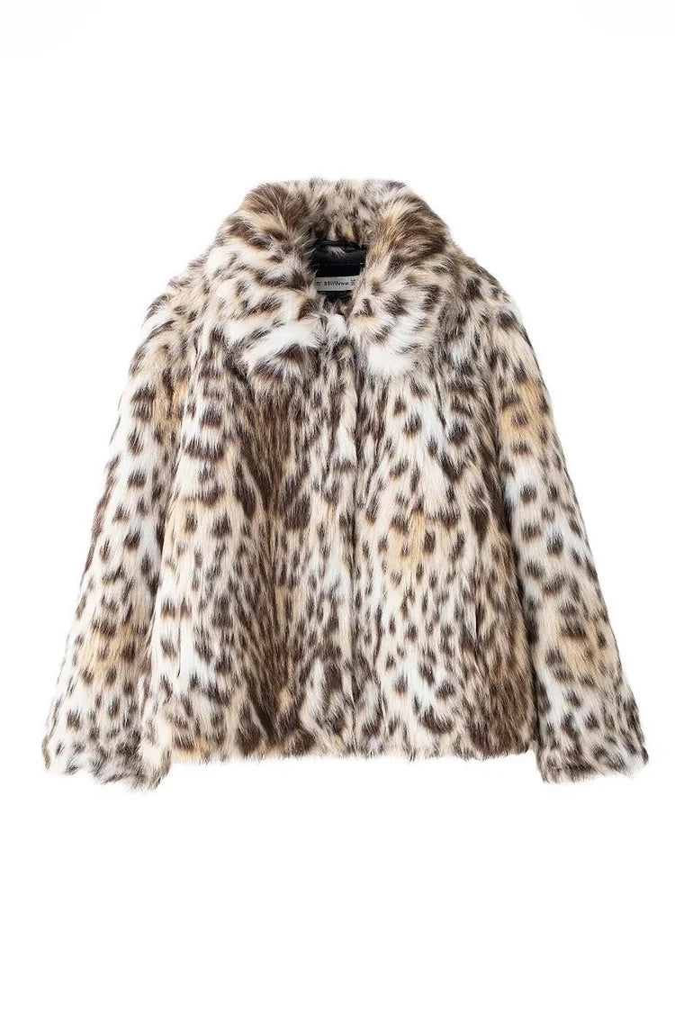 Leopard Print Faux Fur Turndown Collar Fuzzy Coat-brown