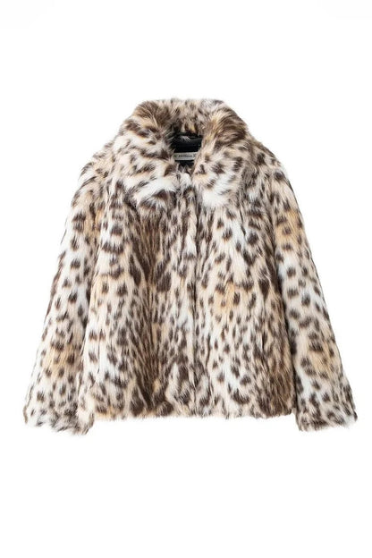 Leopard Print Faux Fur Turndown Collar Fuzzy Coat-brown