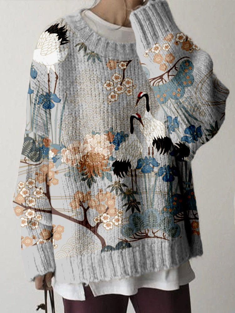 Comstylish Japanese Crane Garden Art Cozy Knit Sweater