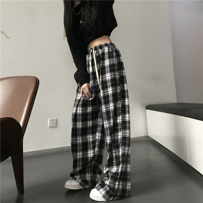 Oversize Sweatpants Black Plaid Pants Baggy Elastic Waist Pockets Student Hip Hop Loose Trousers