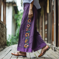 Retro Boho Floral Embroidery Lace Art Cotton Linen Wide Leg Pants elevenforest