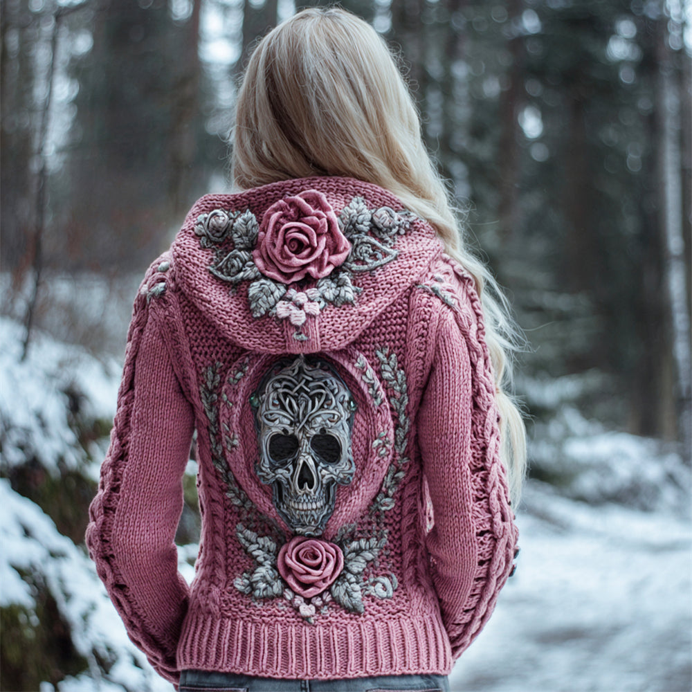 Viking Skull & Floral Knit Art Women's Hooded Sweater elevenforest
