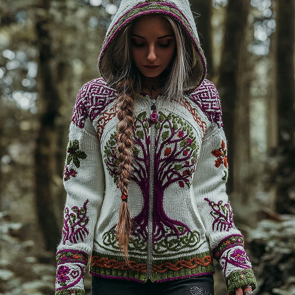 Comstylish Women's Vintage Viking Celtic Knot Tree Of Life Art Knit Zip-up Hooded Sweater
