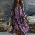 Women's Floral Art Flowy Linen Blend Casual Long Sleeve Maxi Dress elevenforest