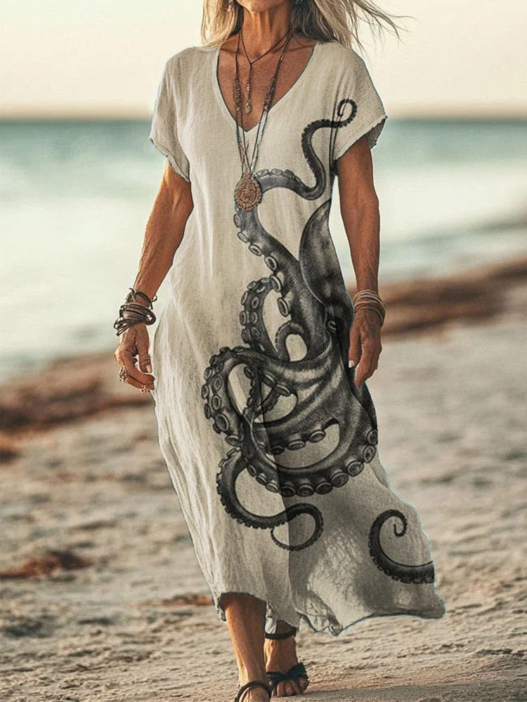 Comstylish Women's Octopus Art Print Linen Blend Vintage Dress
