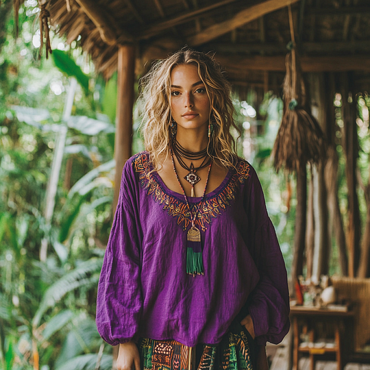 Retro Bohemian Resort Art Embroidery Print Cotton And Linen Blend Loose Blouse elevenforest