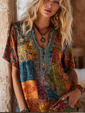 Bohemian-style Rhapsody Patchwork Vintage Print V-neck Short-sleeved Shirt elevenforest