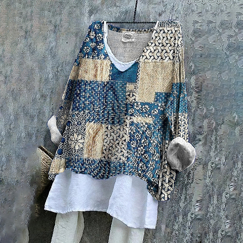 Floral Patchwork Japanese Sashiko Art Linen Blend Tunic elevenforest