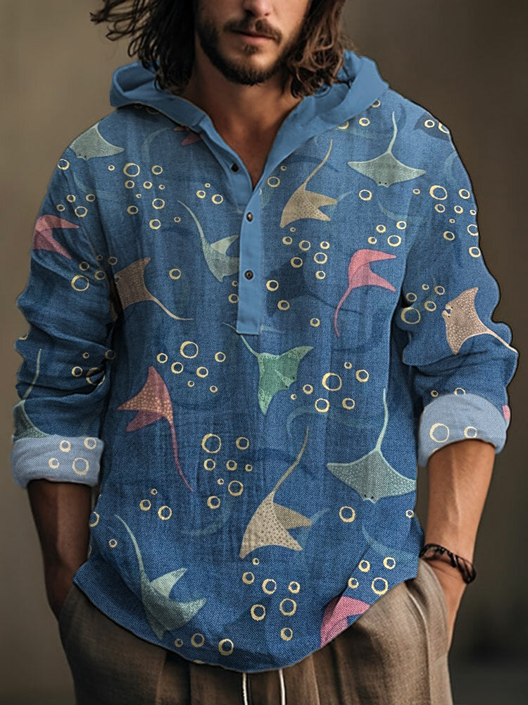 Men's Manta Rays Print Linen Blend Vintage Hoodie elevenforest