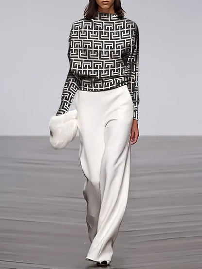 Long Sleeves Loose Geometric Printed Stand Collar T-shirts Tops