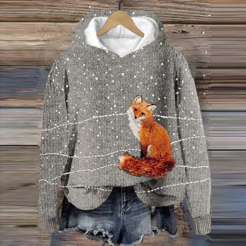 Snow Fox Print Print Cozy Knit Hooded Sweater artswardrobe