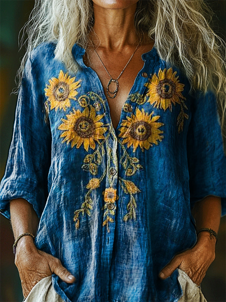 Women's Vintage Bohemian Floral Art Print Casual Cotton Linen Shirt