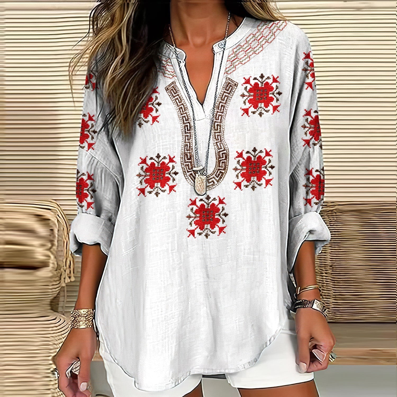 Comstylish Vintage Cretan Pattern V-neck Linen Blend Blouse