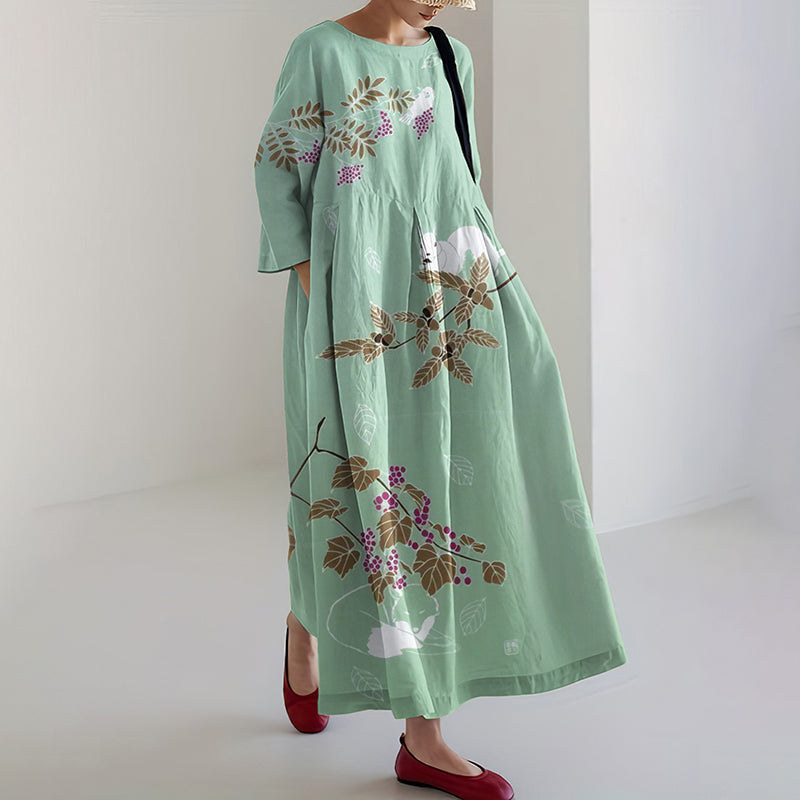 Vintage Japanese Floral Art Pattern Flowy Linen Maxi Dress elevenforest