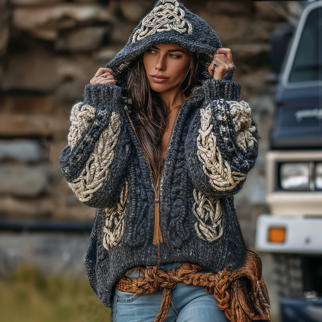 Women's Celtic Knot Jacquard Chunky Knit Contrast Zip Hooded Sweater elevenforest