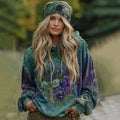 Women's Vintage Purple Lavender Patchwork And Floral Embroidered Art Gradient Comfort Hoodie elevenforest