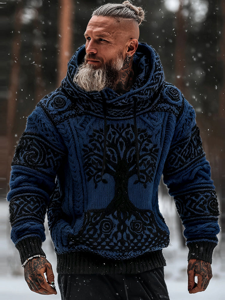 Men's Viking Tribal Jacquard Celtic With Rose And Tree Of Life Inspired Chunky Knit Hooded Sweater elevenforest