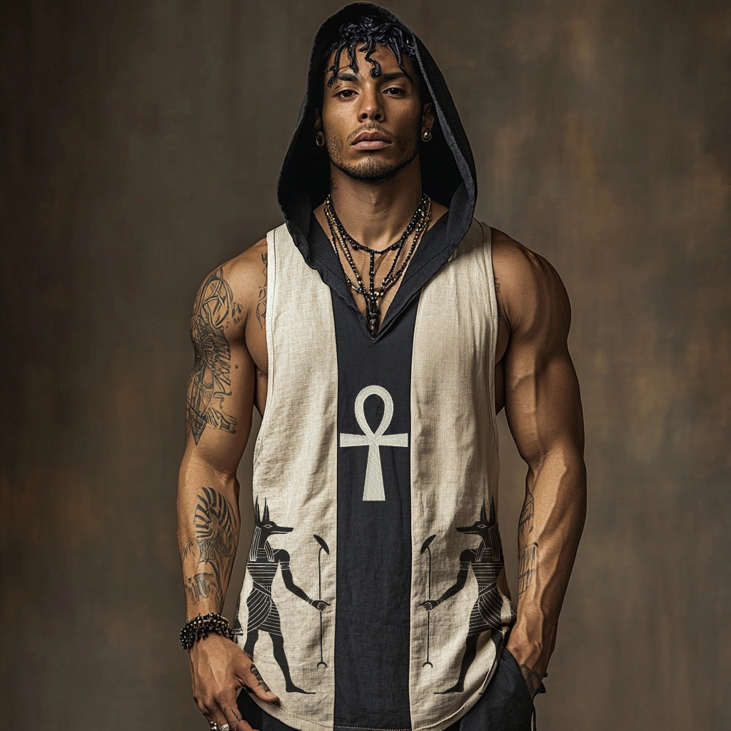 Egyptian God Anubis & Ankh Cross Hooded Linen Vest elevenforest