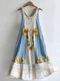 Boho Sunflowers Embroidered Lace Patchwork Flowy Linen Dress elevenforest