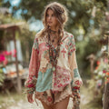 Women's Vintage Bohemian Floral And Cross Stitching Long Sleeve Shirt elevenforest