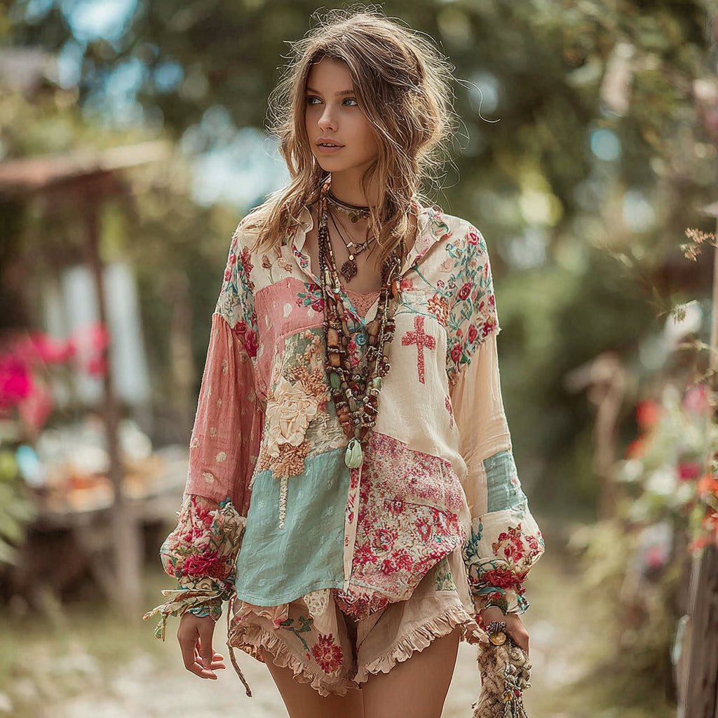 Women's Vintage Bohemian Floral And Cross Stitching Long Sleeve Shirt elevenforest