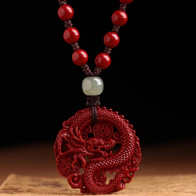 Buddha Stones Year of the Dragon Natural Cinnabar Hetian Jade Bead Copper Coin Attract Wealth Strength Necklace Pendant