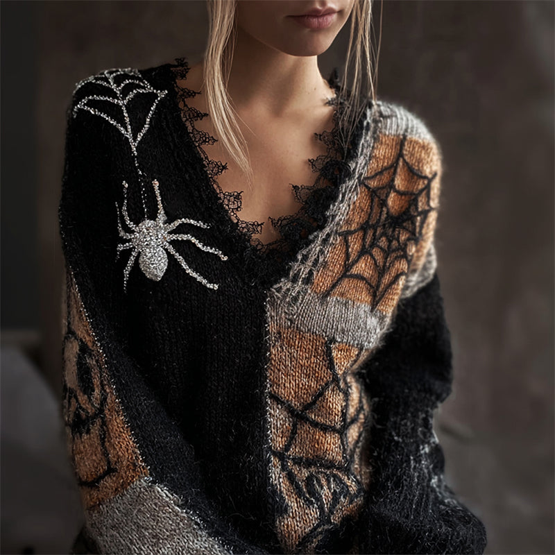 Halloween Glitter Spider & Spiderweb Colorblock Cozy Knit Sweater elevenforest