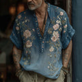 Men's Boho Floral Embroidered Gradient Cozy Linen V Neck Shirt elevenforest