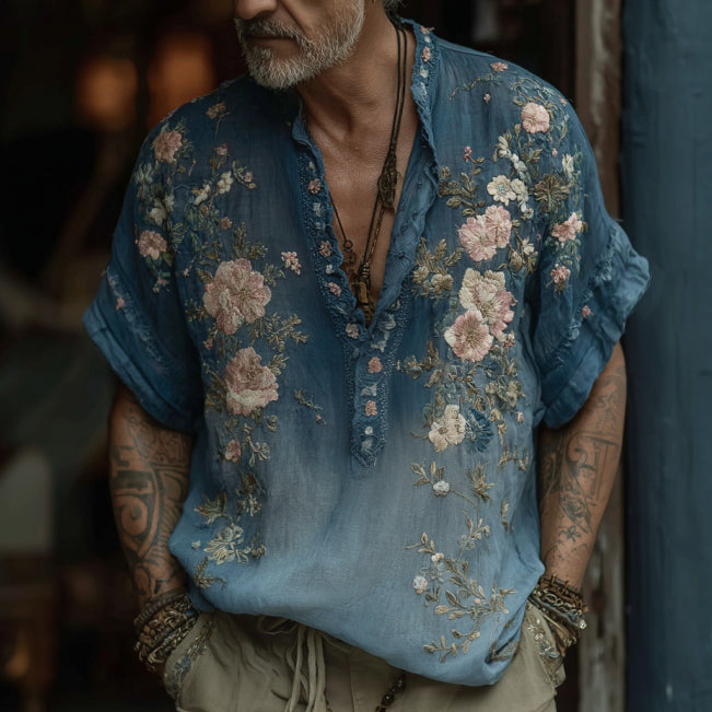 Men's Boho Floral Embroidered Gradient Cozy Linen V Neck Shirt elevenforest