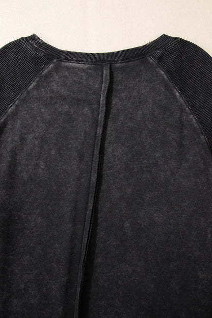 Black Waffle Knit Raglan Sleeve Sweatshirt