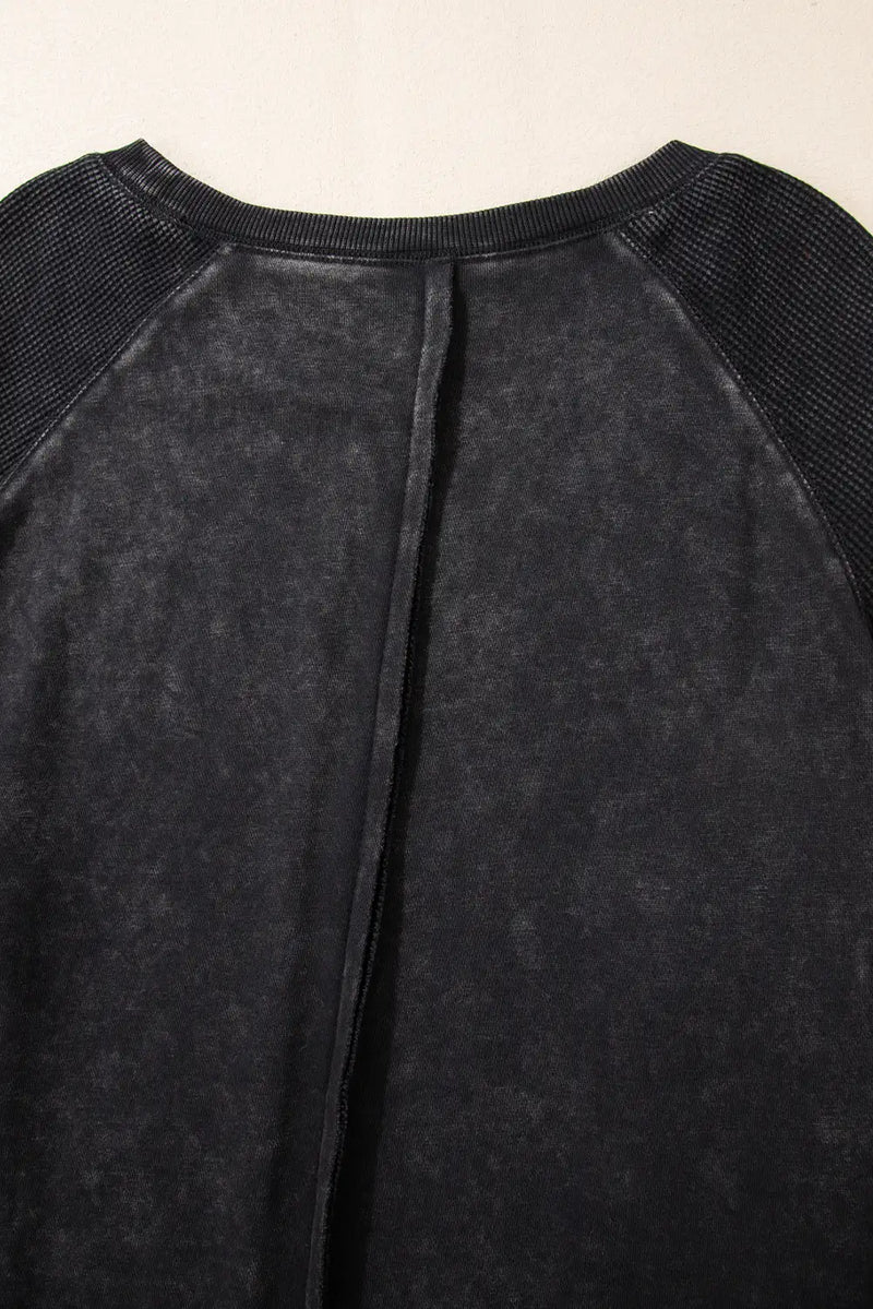 Black Waffle Knit Raglan Sleeve Sweatshirt