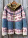 Vintage Snowflakes Fair Isle Cozy Hooded Fleece Jacket