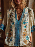 Bohemian Ethnic Style Rhapsody Flower Embroidery Vintage V-neck Short-sleeved Shirt elevenforest