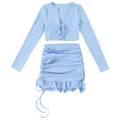Autumn Winter Clothing Long Sleeve Tied Cardigan High Waist Sheath Skirt Suit