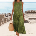 Women's Floral Print Crew Neck Linen Blend Midi Dress elevenforest