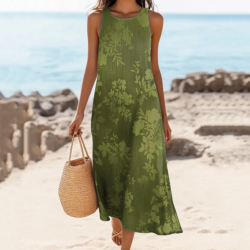 Women's Floral Print Crew Neck Linen Blend Midi Dress elevenforest