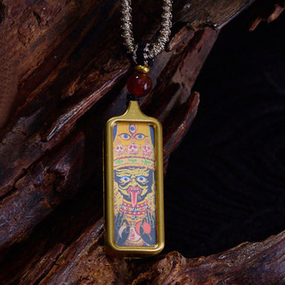 Buddha Stones Tibet Zakiram Yellow God of Wealth Nine Tailed Fox Hand-painted Thangka Calm Necklace Pendant