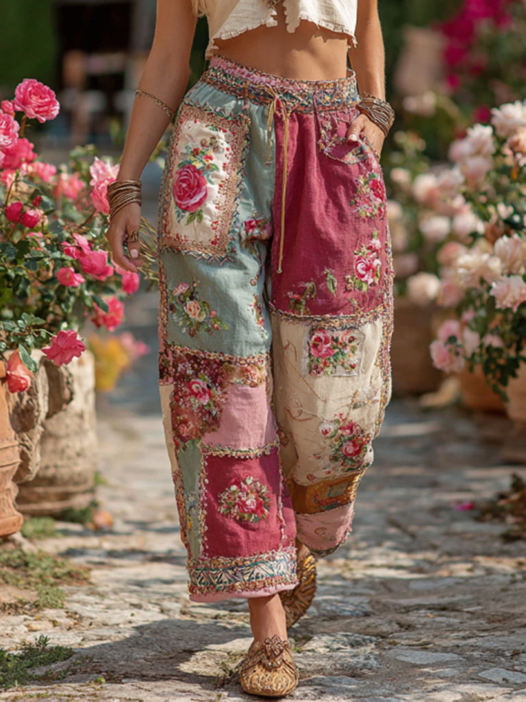 Vintage Retro Rose And Floral Patchwork Art Linen Pants elevenforest