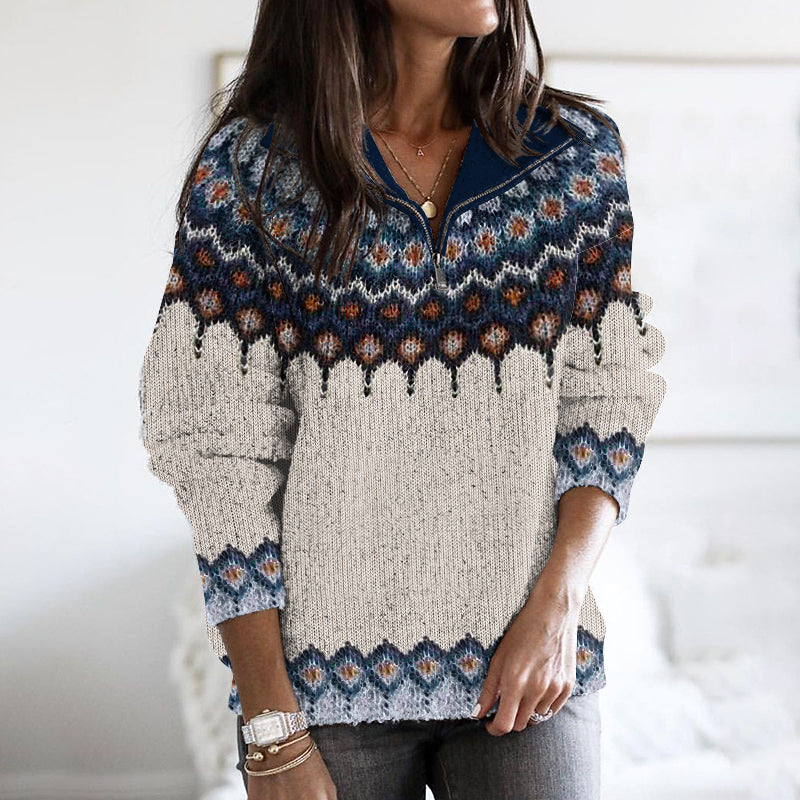 Retro Icelandic Pattern Knitted Zipper Cozy Sweater elevenforest