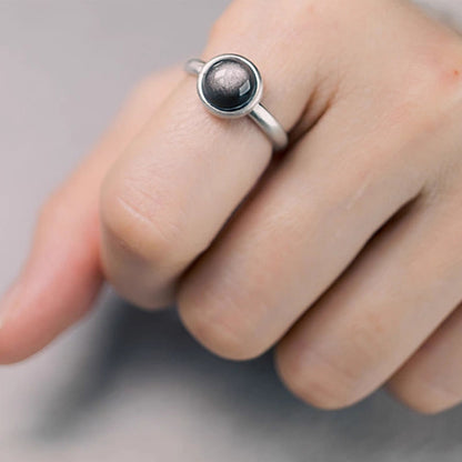 Buddha Stones Natural 925 Sterling Silver Silver Sheen Obsidian Adjustable Protection Ring