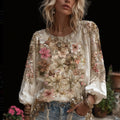 Bohème Floral Printed Cotton And Linen Round Neck Long Sleeve Top elevenforest