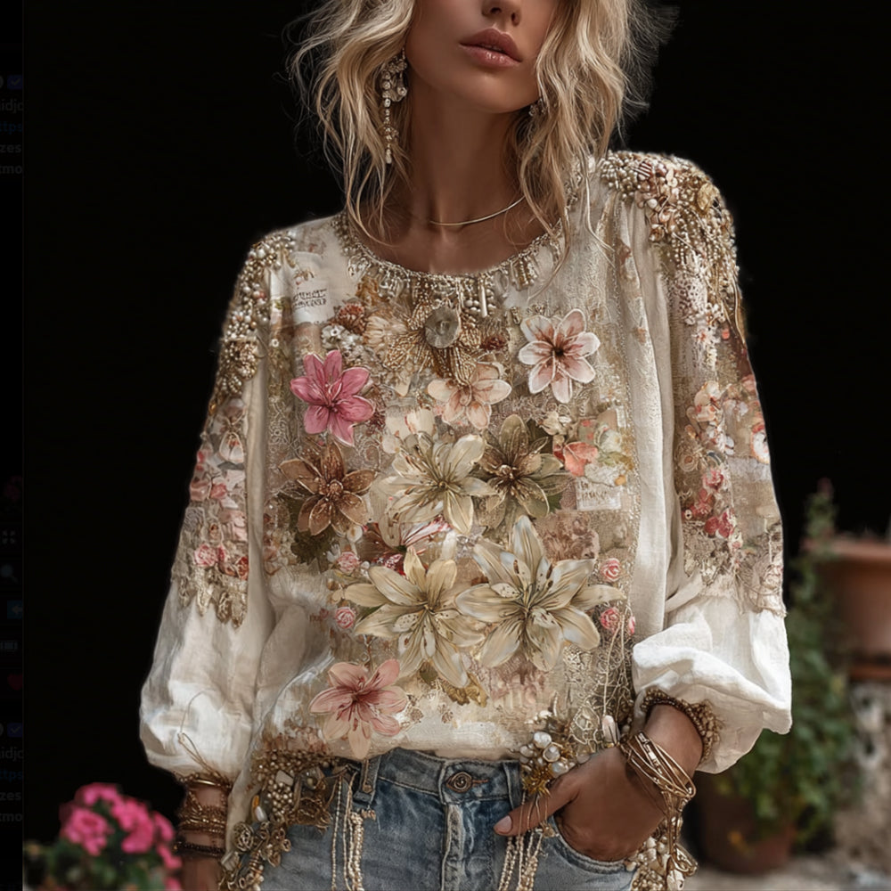 Bohème Floral Printed Cotton And Linen Round Neck Long Sleeve Top elevenforest
