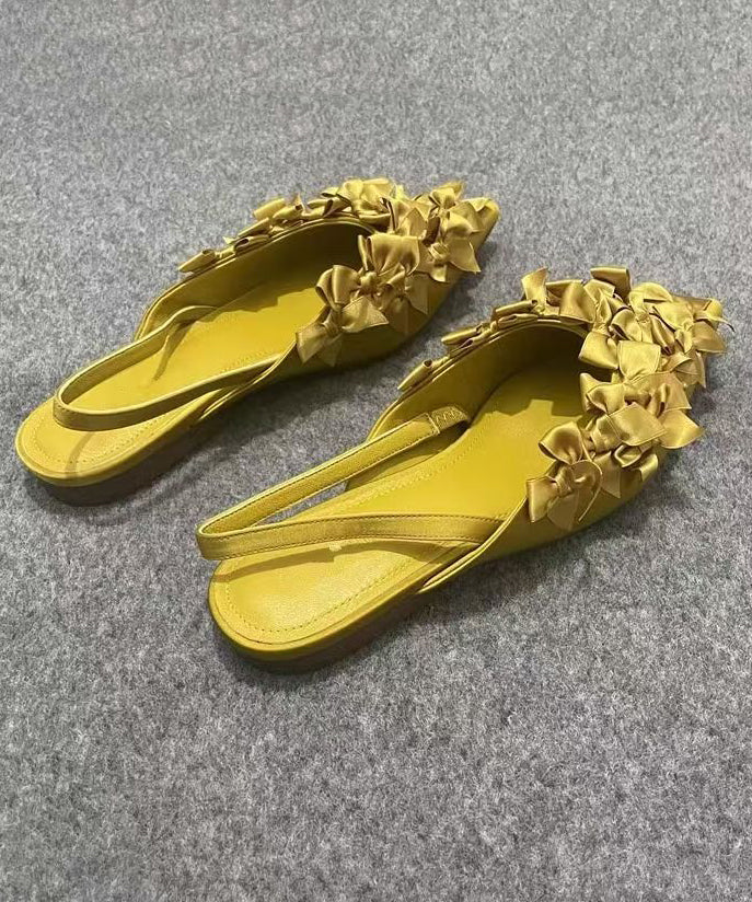 French Yellow Bow Pointed Toe Flat Sandals Kj061