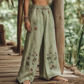 Bohemian Holiday Style Linen Bohemian Leaf Ethnic Totem Print Linen Long Loose Wide-leg Pants elevenforest