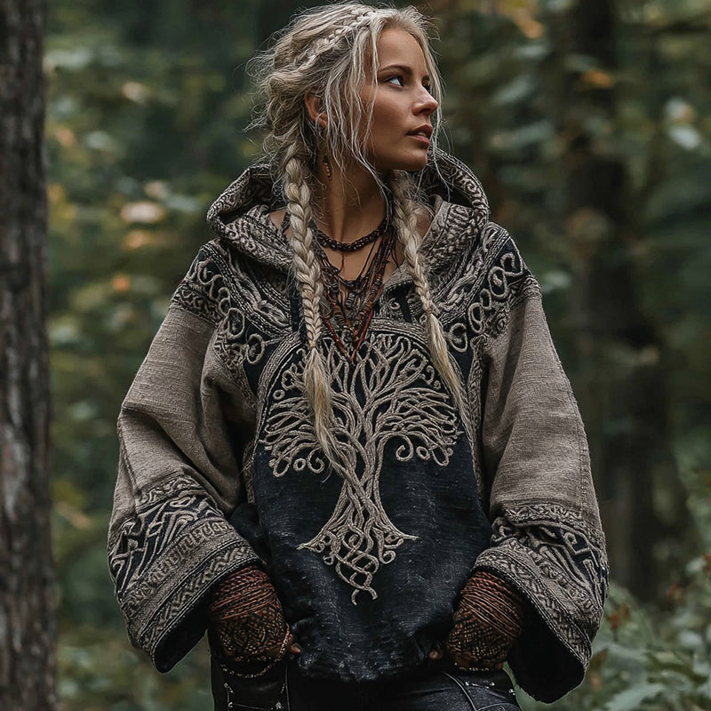 Women's Viking Tree Of Life Celtic Knot Art  Cozy Color Block Bohemian Hoodie elevenforest