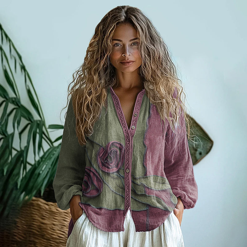 Bohemian Style Linen Vintage Floral Art Print Long Sleeve Shirt elevenforest