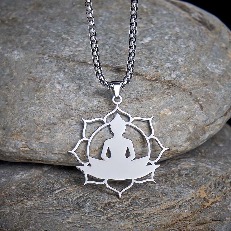 Buddha Stones Lotus Sitting Buddha Design Stainless Steel Enlightenment Necklace Pendant
